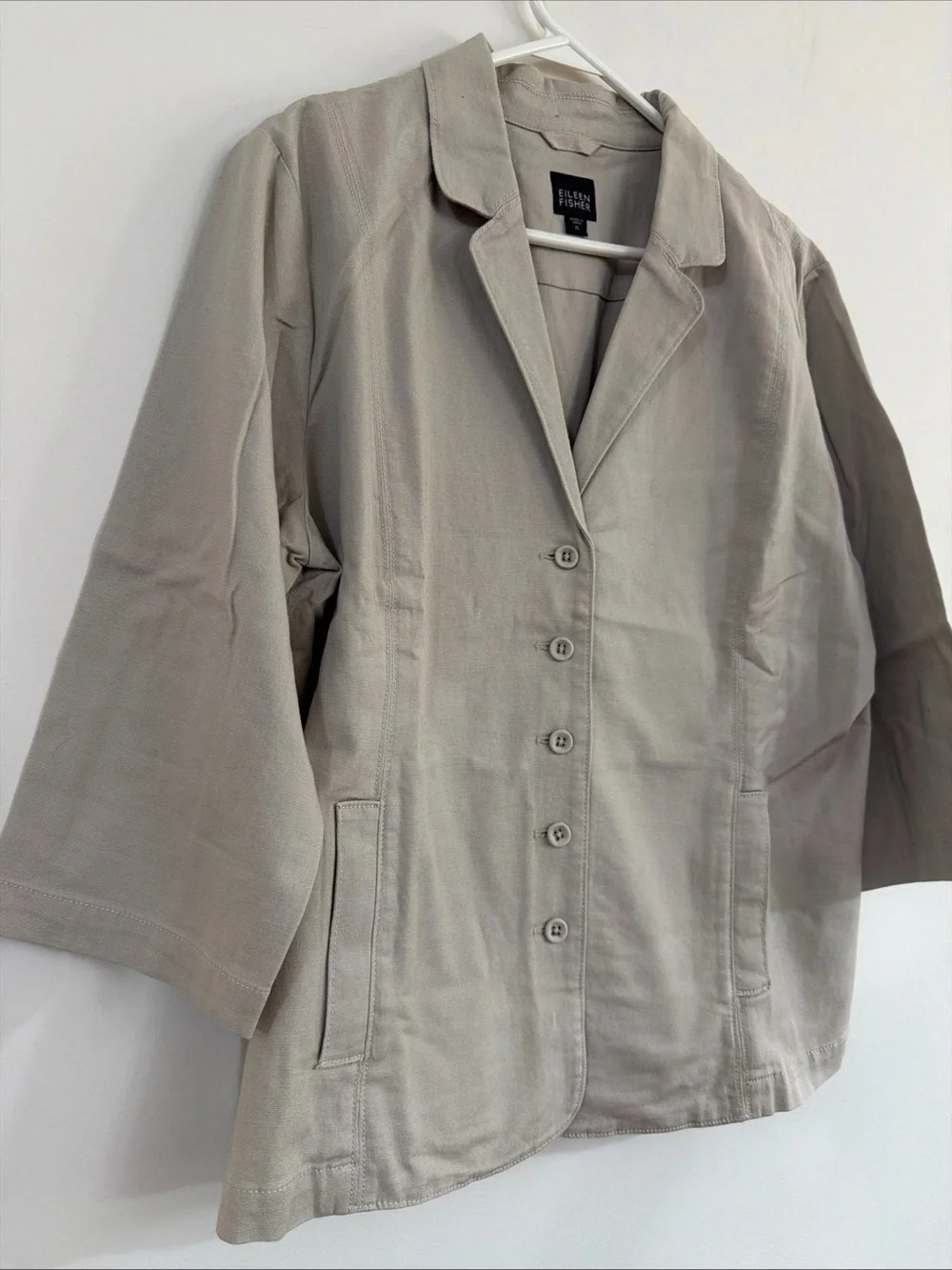 Eileen Fisher XL Muslin Notch Collar Jacket Khaki Beige Blazer Organic Cotton
